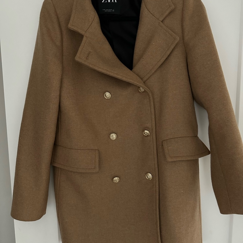 Zara Brown Double Breasted Elegant High
Collar Wool Blend Winter Fall Coat Sz M